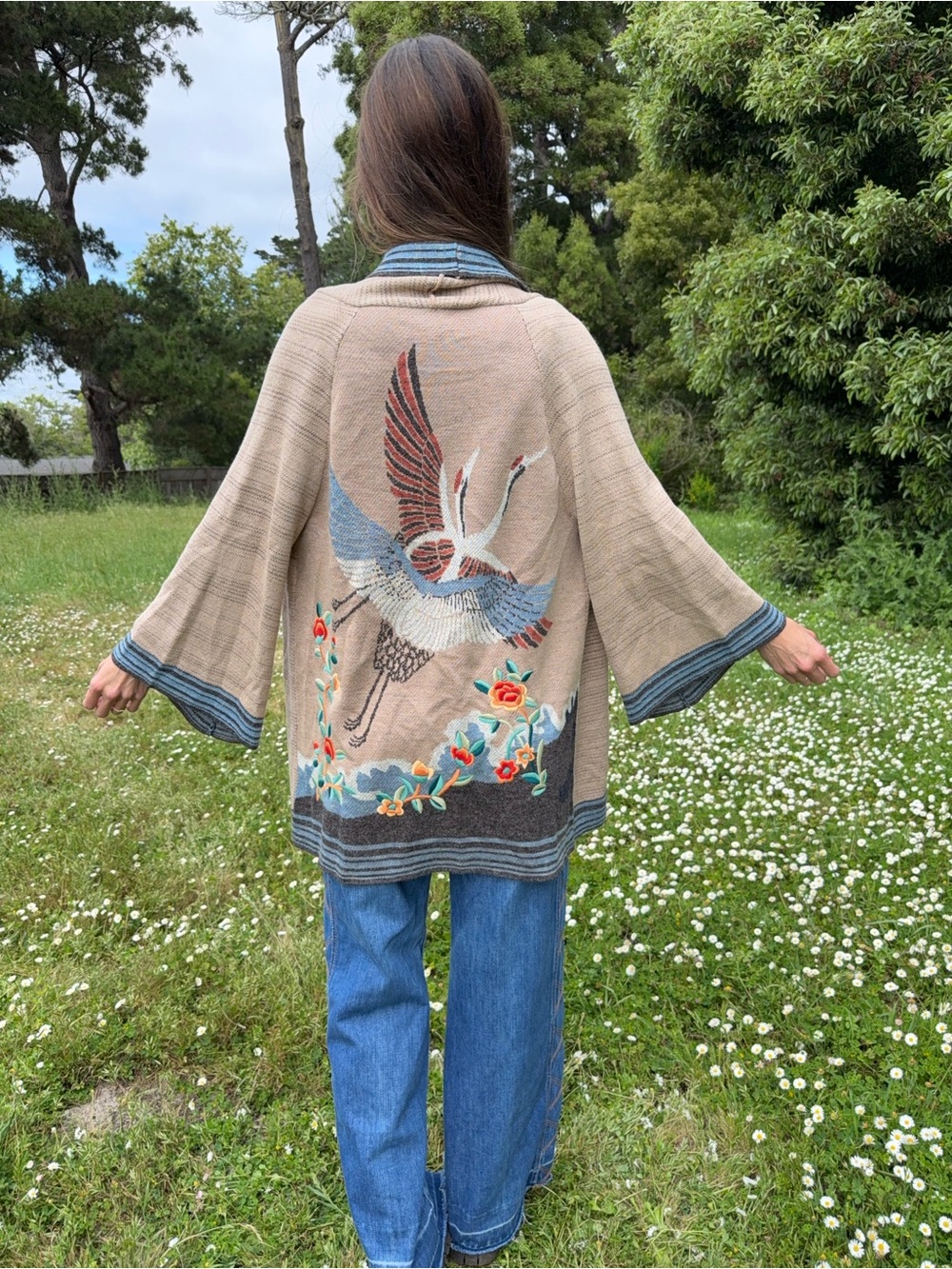 Anthropologie HWR Embroidered Crane Duster Cardigan Metallic Knit Sweater